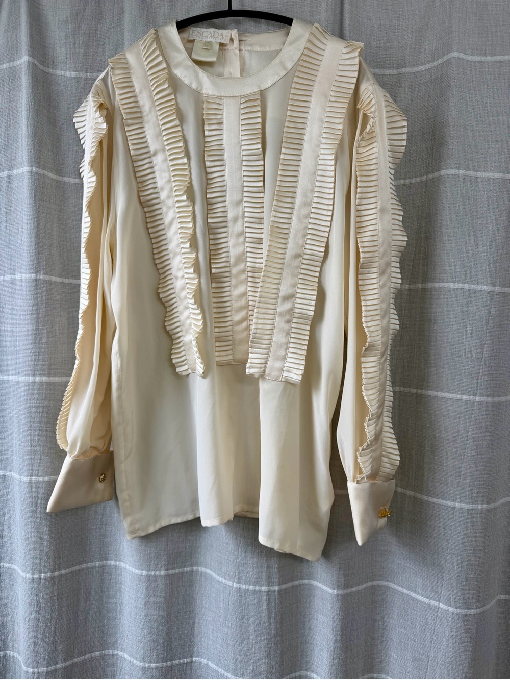 Vintage Escada Margaretha Ley 100% Silk Ivory Pleated Ruffle Blouse/Gold Buttons